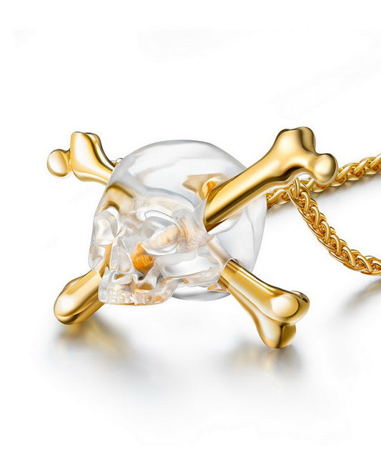 Gem Skull Pendant Necklace of Quartz Rock Crystal Carved Skull with Double Bones in 18K Gold-Plated 925 Sterling Silver