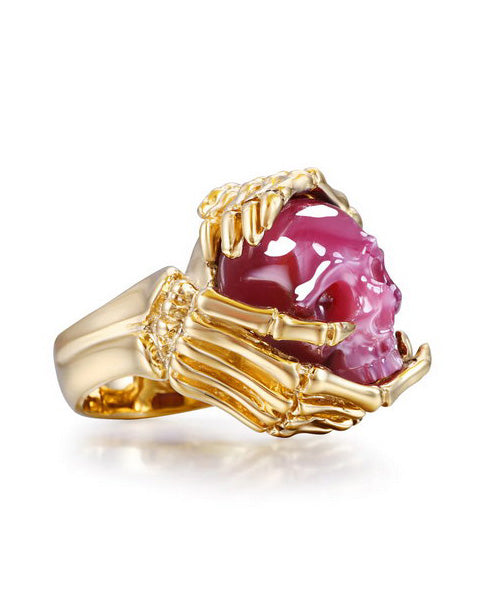 Gem Skull Ring of Ruby Carved Skull with Skeletal Hands in 18k Gold