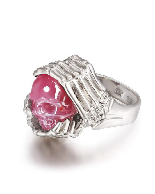 Gem Skull Ring of Ruby Carved Skull with Skeletal Hands in 925 Sterling Silver