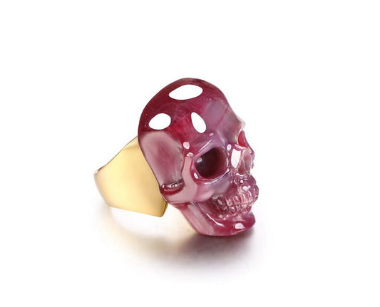 Gem Skull Ring of Ruby Carved Skull in 18k Gold-Plate Silver