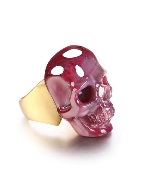 Gem Skull Ring of Ruby Carved Skull in 18k Gold-Plate Silver