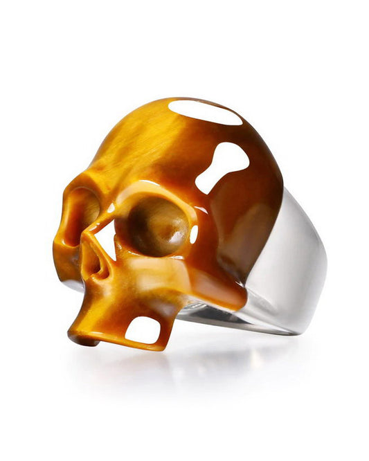 Gem Skull Ring of Gold Tiger's Eye Carved Skull in 925 Sterling Silver