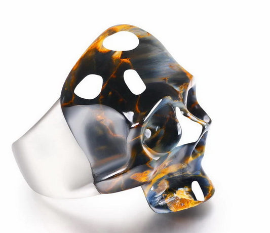 Gem Skull Ring of Pietersite Carved Skull witout Jaw in 925 Sterling Silver