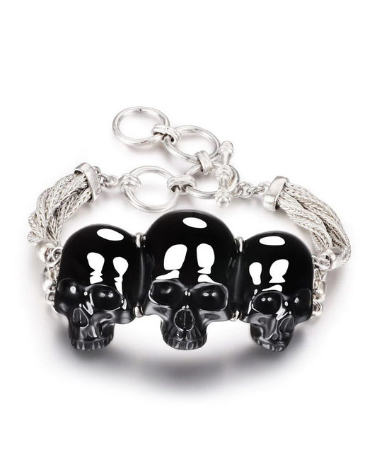 Gem Skull Bracelet of Black Obsidian Carved Skull in 925 Sterling Silver