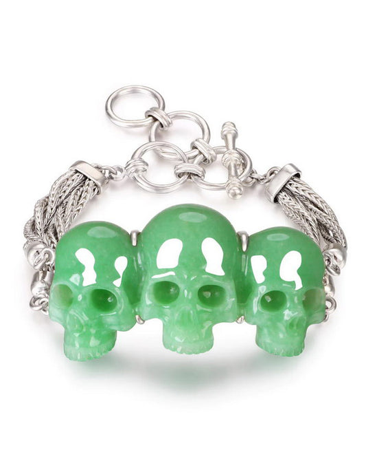 Gem Skull Bracelet of Green Aventurine Carved Skull in 925 Sterling Silver