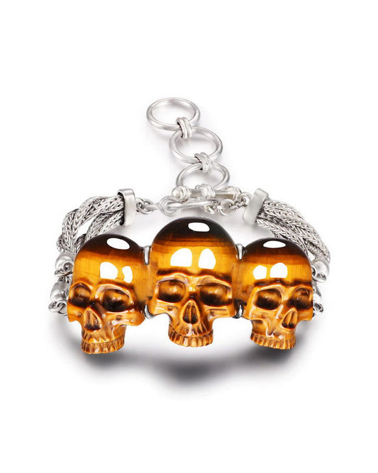 Gem Skull Bracelet of Gold Tiger's Eye Carved Skull in 925 Sterling Silver