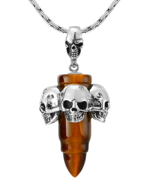 Bullet Necklace-Gem Skull Pendant Necklace of Gold Tiger's Eye Carved Skull with Four Skulls in 925 Sterling Silver