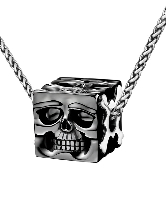 Gem Skull Pendant Necklace of Black Obsidian Carved Cube with Four Skull Faces in 925 Sterling Silver