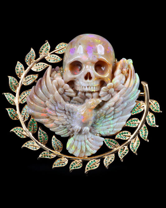 Gem Skull Brooch of Australian Opal Carved Skull with Dove & Flowers in 18K Gold inlaid Tsavorite - IW0000627