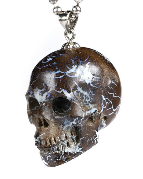 Gem Skull Pendant Necklace of Matrix Opal Carved Skull with Bail in 925 Sterling Silver - 0502823