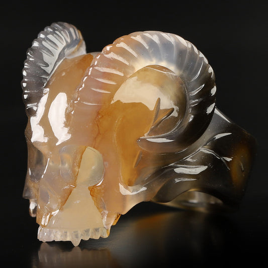 Gem Skull Ring of Premium Brazilian Agate Carved Beast Skull, US size 8 - 00001611