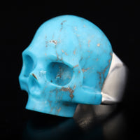 Skullis Signature Turquoise Gem Jawless Skull Ring, Hand Carved, Sterling Silver, for Women & Men - 0502784