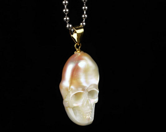 Gem Skull Pendant Necklace of Pearl Carved Skull  in 18K Gold 925 Sterling Silver Bail