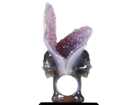 Whole Gem Skull Ring, Agate Amethyst Druse Carved Totally, US size 10.5