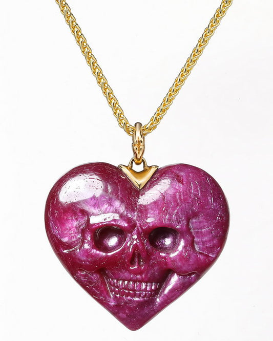 Heart---Gem Skull Pendant/Necklace of Ruby Carved Skull