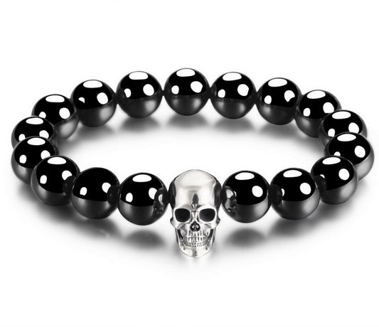 Gem Skull Bracelet of Sterling Silver Carved Skull with Black Obsidian Beaded