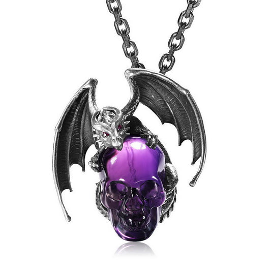 Gem Skull Pendant Necklace of Amethyst Carved Skull with Ruby-Eye Dragon in Blackened Sterling Silver