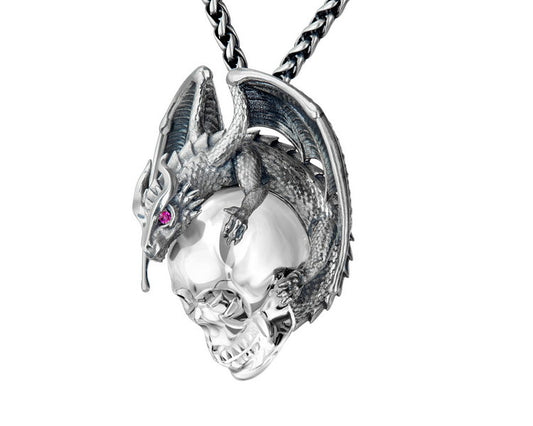 Gem Skull Pendant Necklace of Quartz Rock Crystal Carved Skull with Dragon in Blackened Sterling Silver