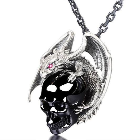 Gem Skull Pendant Necklace of Black Obsidian Carved Skull with Ruby-Eye Dragon in Blackened Sterling Silver