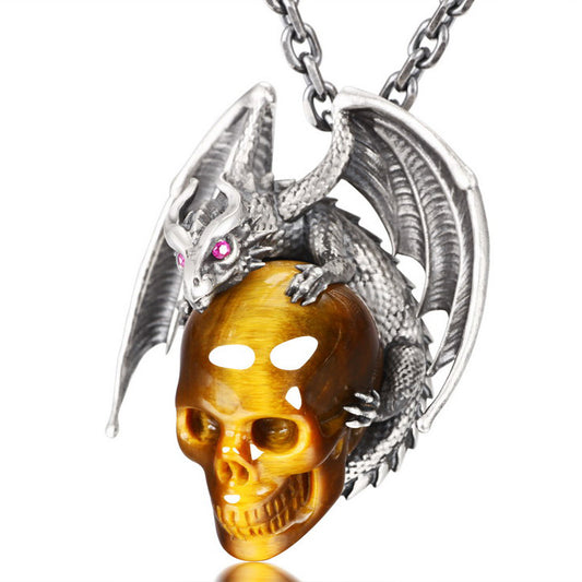 Gem Skull Pendant Necklace of Gold Tiger's Eye Carved Skull with Ruby-Eye Dragon in 925 Sterling Silver