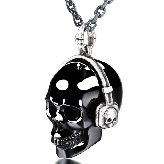 Gem Skull Pendant Necklace of Black Obsidian Crystal Skull with Headphone in 925 Sterling Silver.