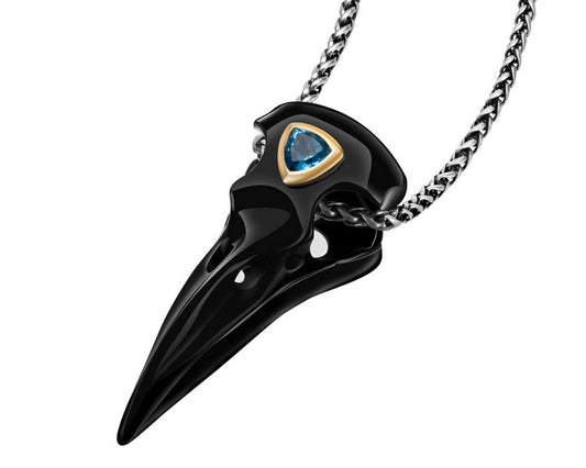 Gem Raven Pendant Necklace of Black Obsidian Crystal Raven with Blue Sky Topaz Eye
