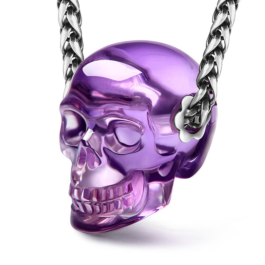 Skullis Signature Amethyst Gem Skull Pendant or Necklace, Hand Carved, Sterling Silver 925 Chain, for Women & Men