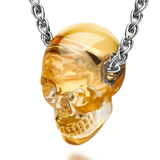 Skullis Signature Citrine Gem Skull Pendant or Necklace, Hand Carved, Sterling Silver .925 Chain, for Women & Men