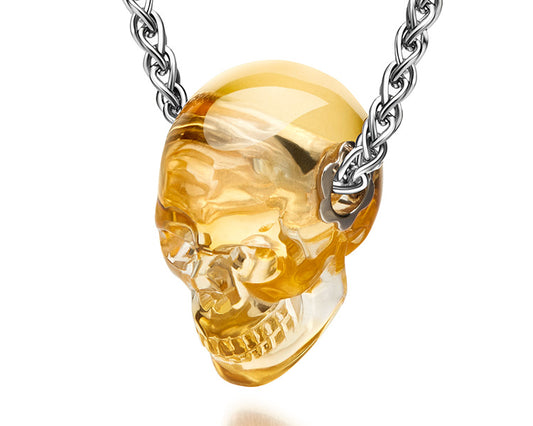 Gem Skull Pendant Necklace of Citrine Crystal Carved Skull