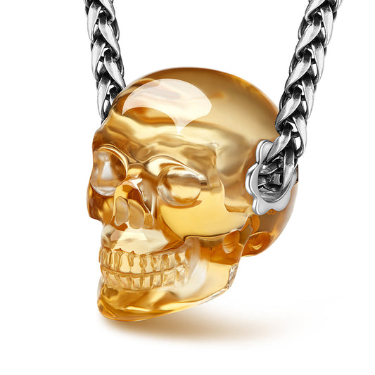 Skullis Signature Citrine Gem Skull Pendant or Necklace, Hand Carved, Sterling Silver 925 Chain, for Women & Men