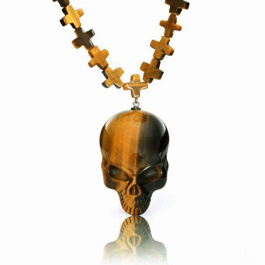 Gem Skull Pendant Necklace of Gold Tiger Eye Carved Skull with Cross Chain