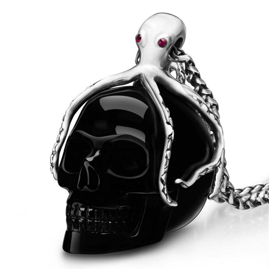 Gem Skull Pendant Necklace of Black Obsidian Carved Skull with Ruby Eyes Octopus in 925 Sterling Silver