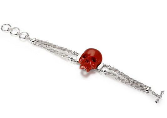 Gem Skull Bracelet of Red Jasper Carved Skull in 925 Sterling Silver