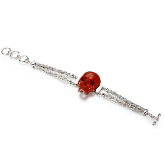 Gem Skull Bracelet of Red Jasper Carved Skull in 925 Sterling Silver