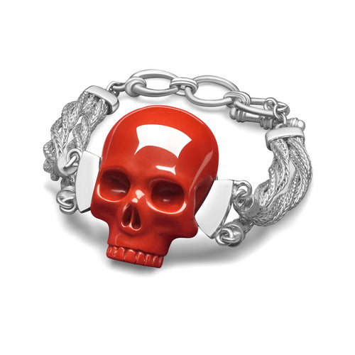 Gem Skull Bracelet of Red Jasper Carved Skull in 925 Sterling Silver