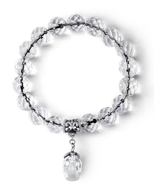 Gem Skull Bracelet of Quartz Rock Crystal Carved Skull &  Facet Beads