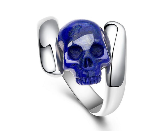 Gem Skull Ring of  Lapis Lazuli Carved Skull in 925 Sterling Silver