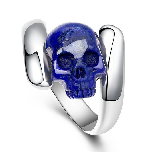 Gem Skull Ring of  Lapis Lazuli Carved Skull in 925 Sterling Silver