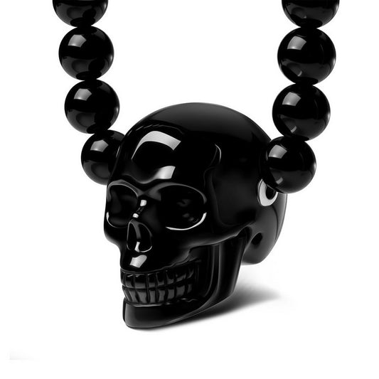 Gem Skull Pendant Necklace of Black Obsidian Carved Skull and Beads