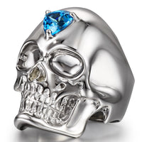 Oracle of the Blue Flame - Skull Ring of Rhodium Plated 925 Sterling Silver with Sky Blue Topaz