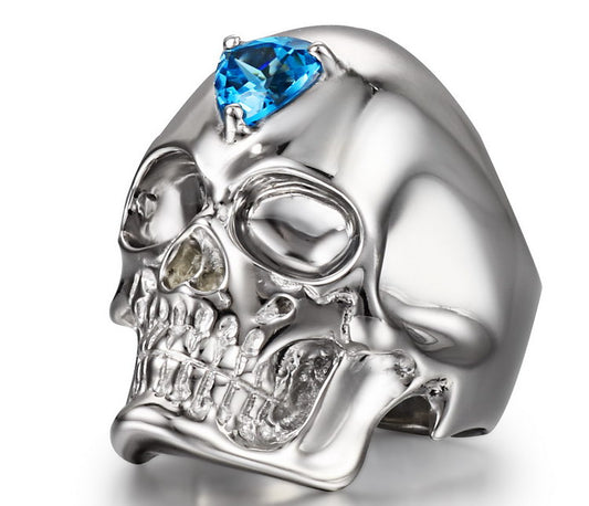 Gem Skull Ring of Rhodium Plated 925 Sterling Silver Carved Skull with Sky Blue Topaz Eye