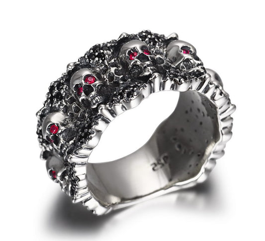 Gem Skull Eyes of Five Elements Ring Carved Skull with Ruby Eyes in 925 Sterling Silver