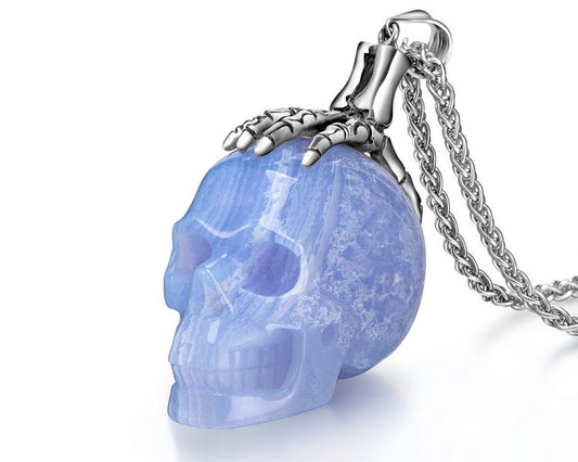 Gem Skull Pendant Necklace of Blue Lace Agate Carved Skull with Skeleton Hand in 925 Sterling Silver