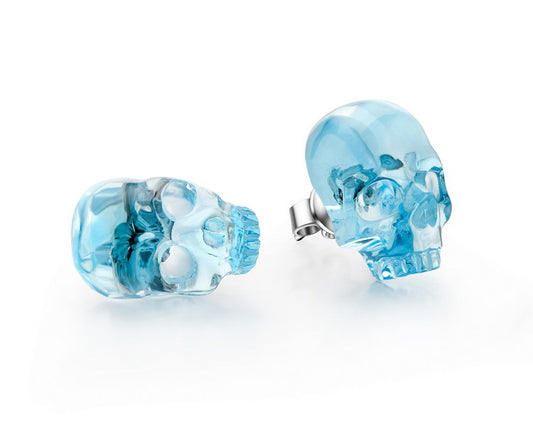 Gem Skull Earrings of Sky Blue Topaz Carved Skull in 925 Sterling Silver