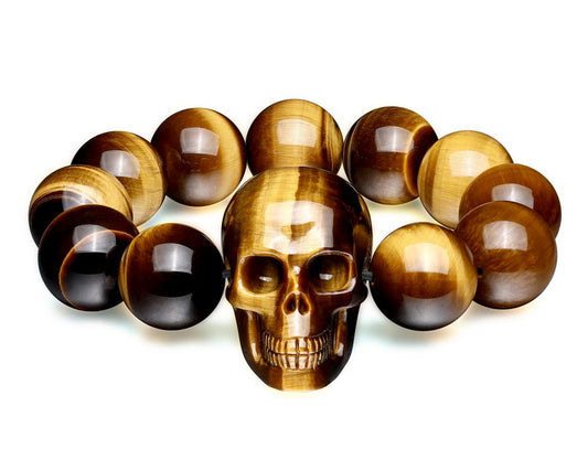 Gem Skull Bracelet of Gold Tiger's Eye Carved Skull & Beads