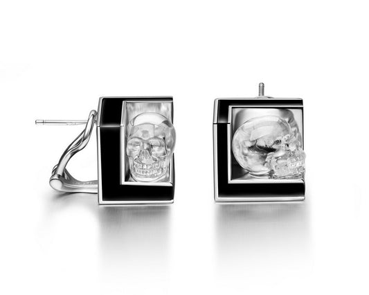 Gem Skull Earrings of Quartz Rock Crystal Carved Skull in 925 Sterling Silver