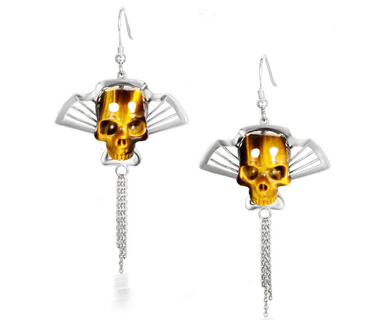 Gem Skull Earrings of Gold Tiger Eye Carved Skull in 925 Sterling Silver