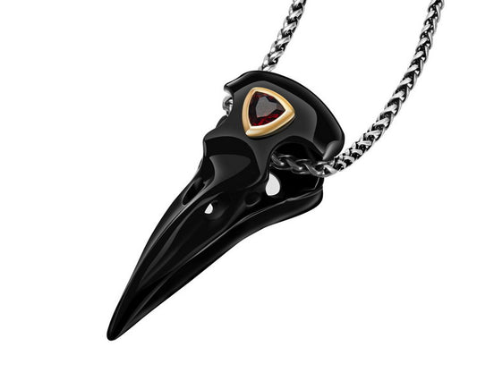 Gem Raven Pendant Necklace of Black Obsidian Carved Raven with Garnet Eye in 925 Sterling Silver