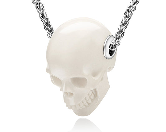 Gem Skull Pendant Necklace of White Jasper Carved Skull