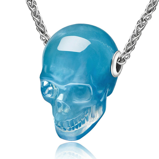 Skullis Signature Aquamarine Gem Skull Pendant or Necklace, Hand Carved, Sterling Silver .925 Chain, for Women & Men